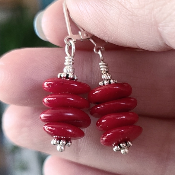 Red Coral Earrings Sterling Silver Leverback Hooks - Picture 3 of 11